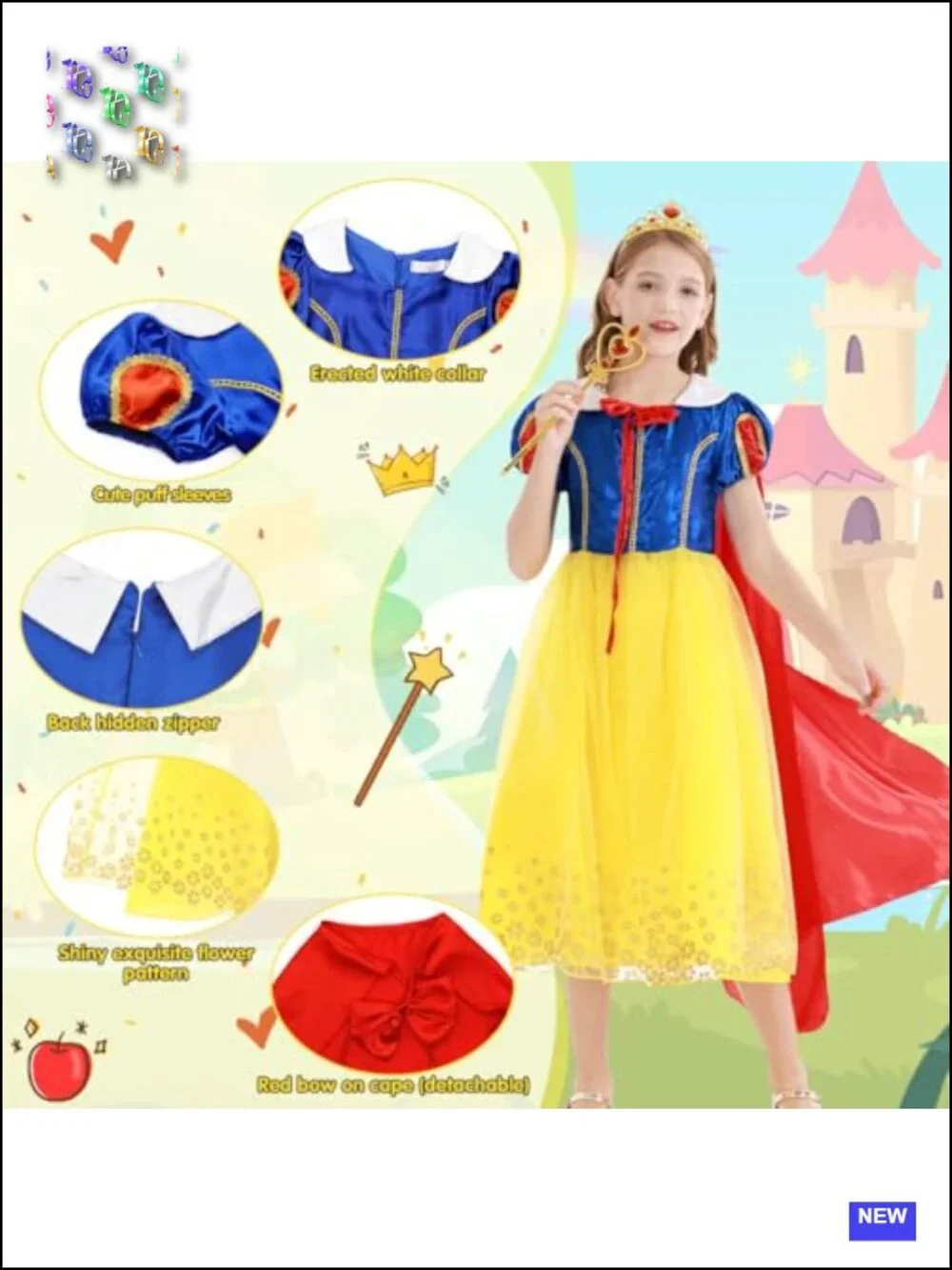 Kids Princess Dress Up Costume with Cape Crown and Wand for Halloween Party